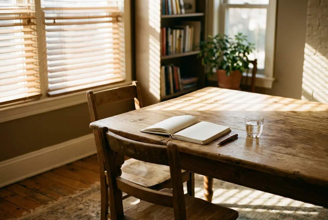 A sunlit consultation room with a chair pulled up to a wooden table, an open notebook, a pen, and a glass of water set out for an arriving client