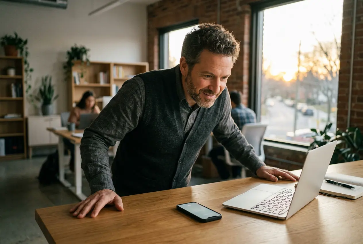 A business owner listens to his AI agent on a speakerphone review call in warm evening light
