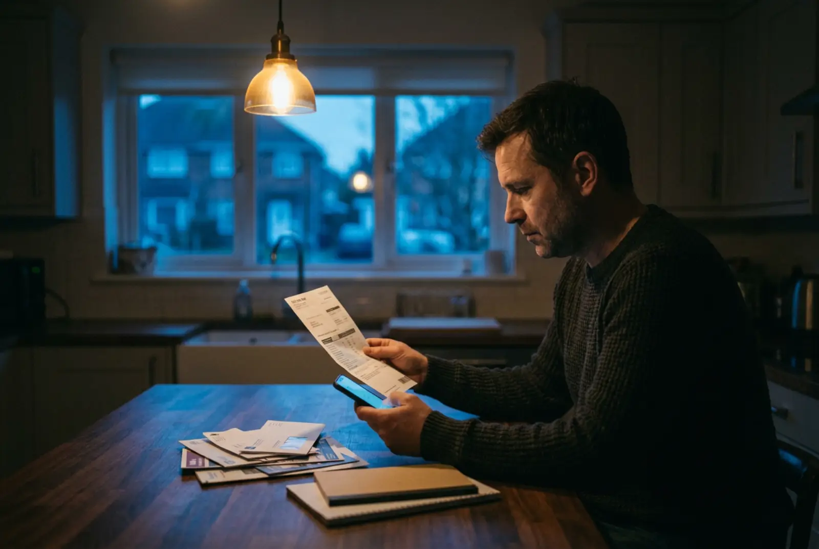 A homeowner sits at a kitchen counter in the evening comparing an electric bill against their phone