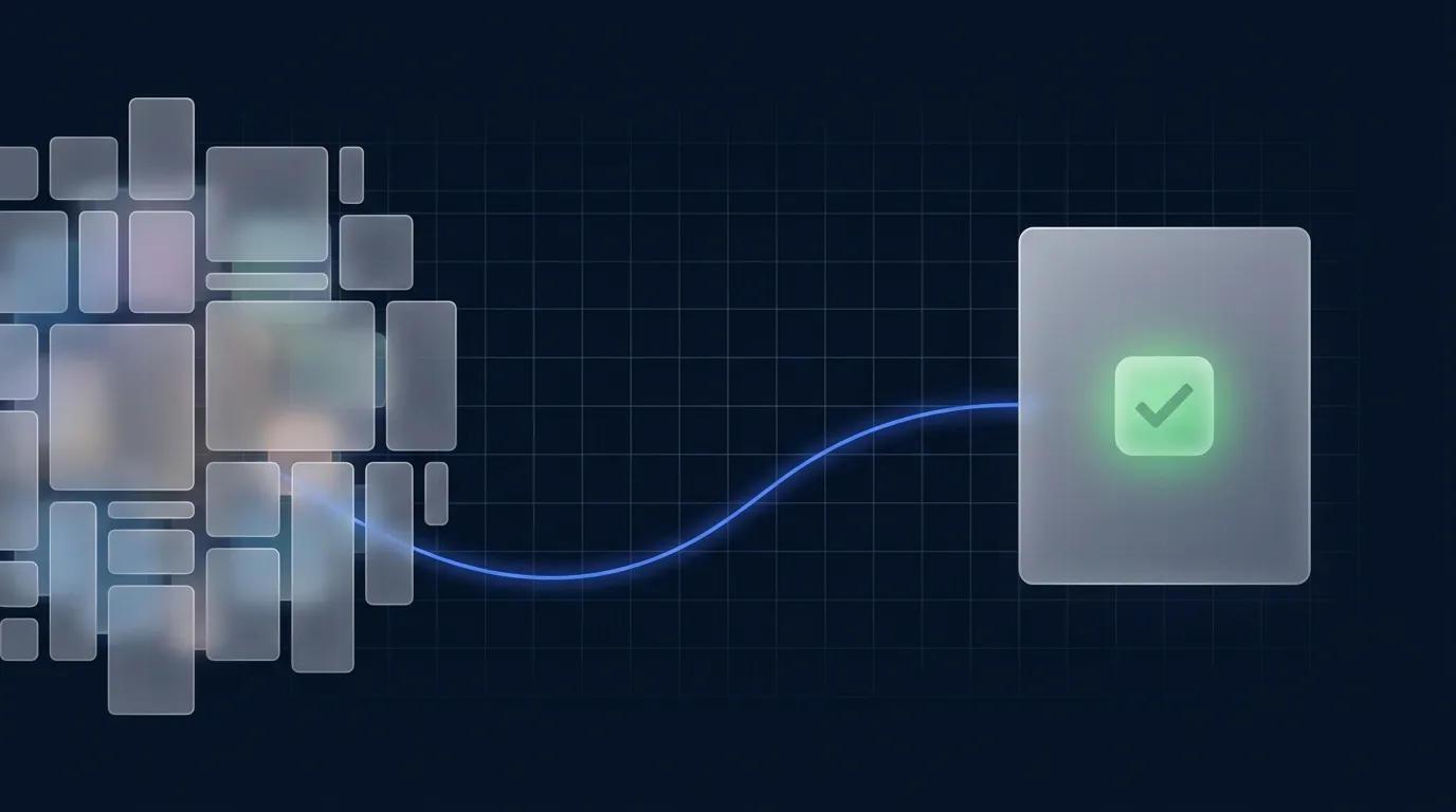 Abstract illustration of a dense all-in-one module cluster connecting to one clean managed card with a green check