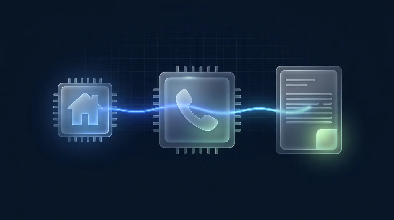 Abstract illustration of a home chip flowing through a call chip into a booked job card