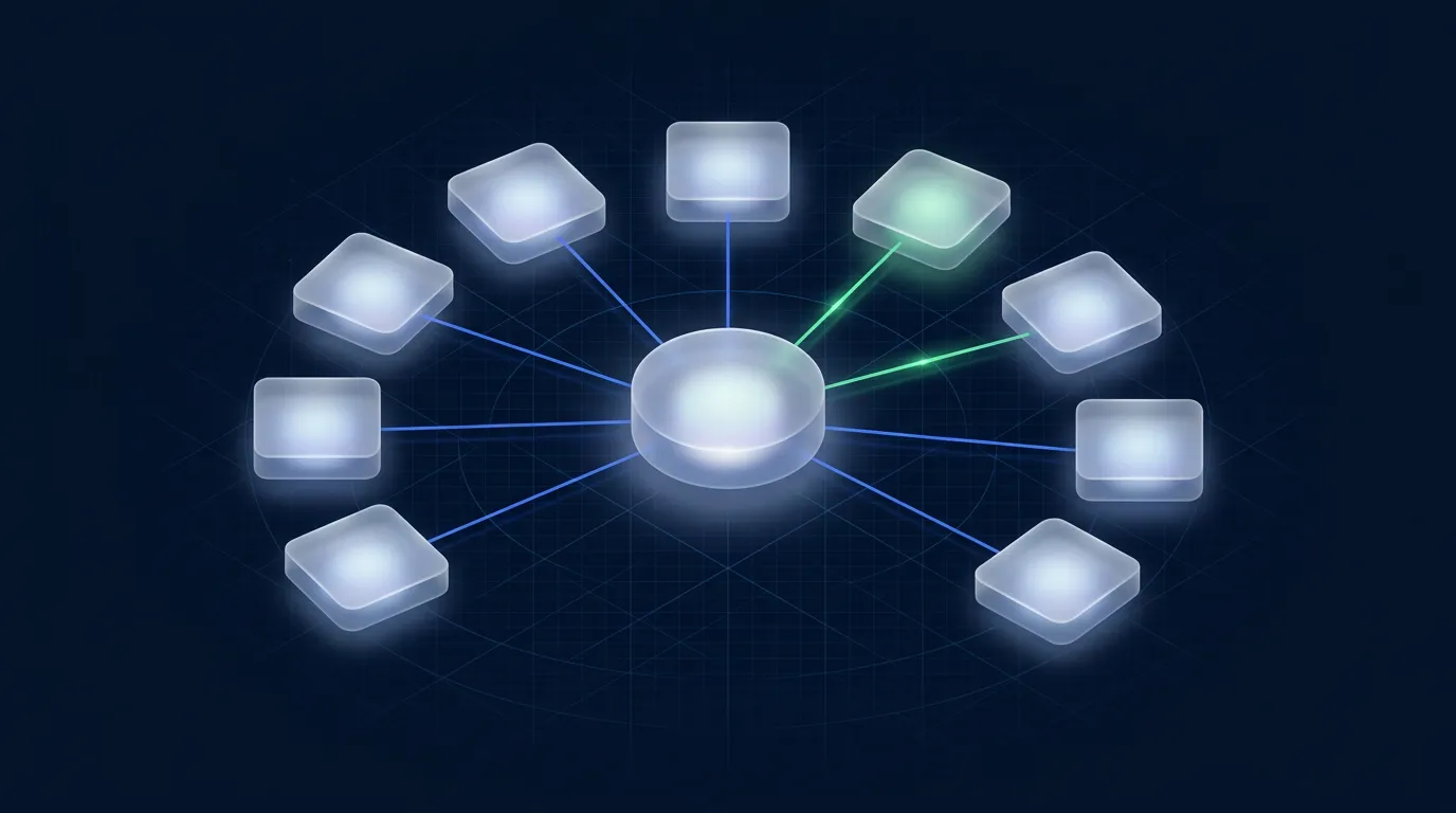 Abstract illustration of one central system connected to an arc of CRM tiles
