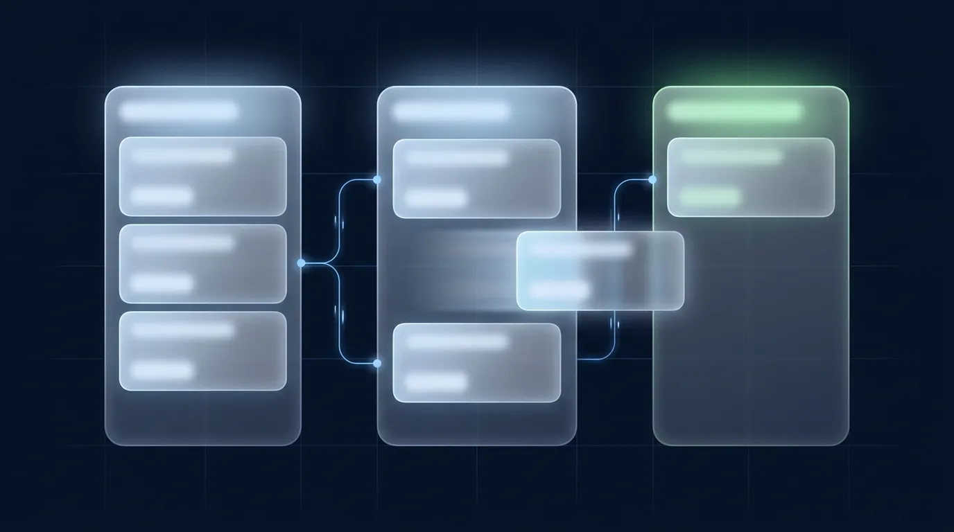 Abstract illustration of a CRM pipeline board with a lead card moving into a booked column