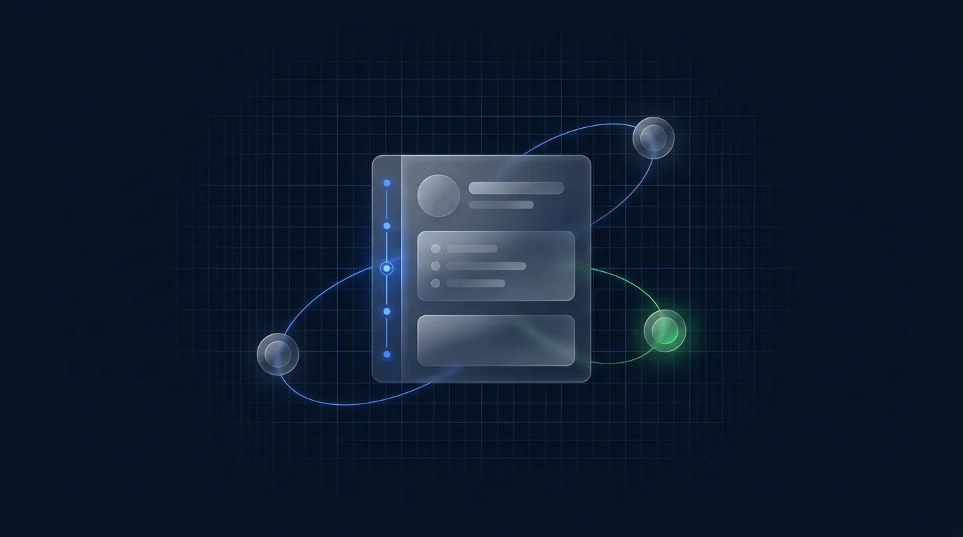 Abstract illustration of a contact record with a conversation timeline and orbiting channel nodes