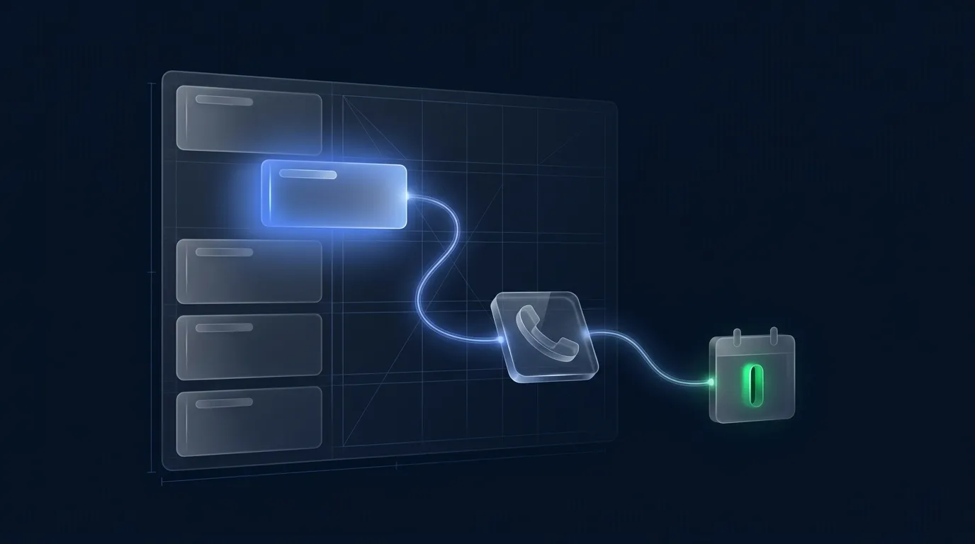 Abstract illustration of a dispatch board with one job tile connecting through a call to a booked calendar slot