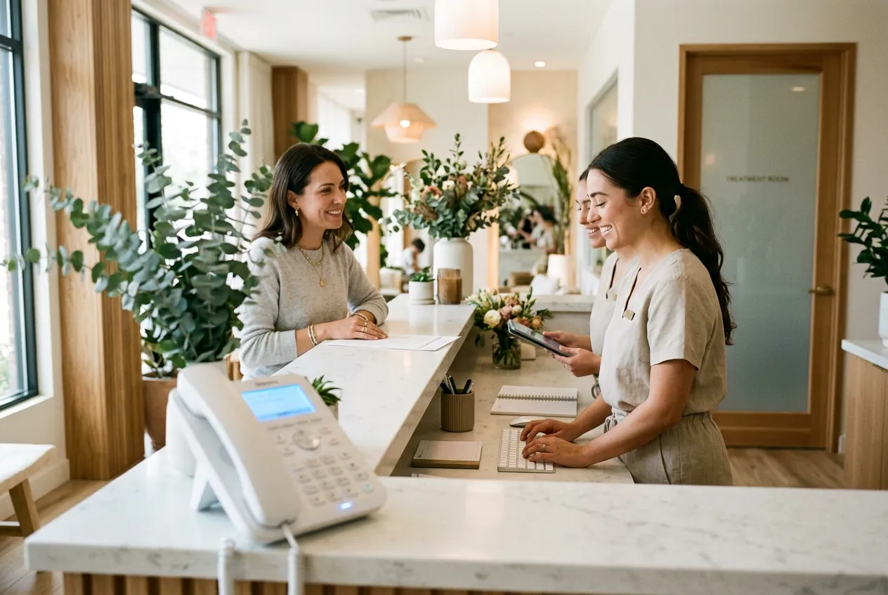 A med spa front desk coordinator helps a client check in while the desk phone lights up with an incoming call
