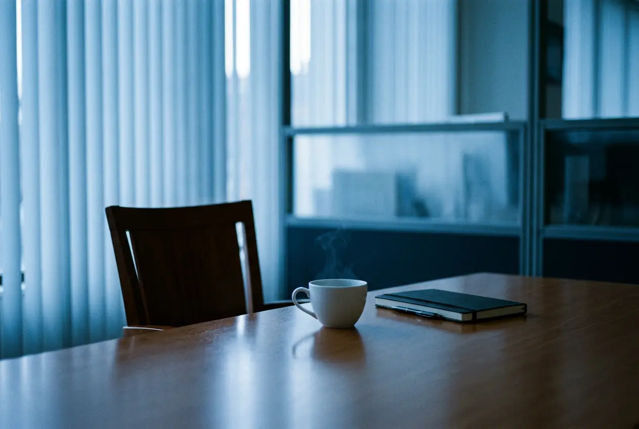 An empty chair pushed back from a meeting table with an untouched cup of coffee still steaming, in cold afternoon light