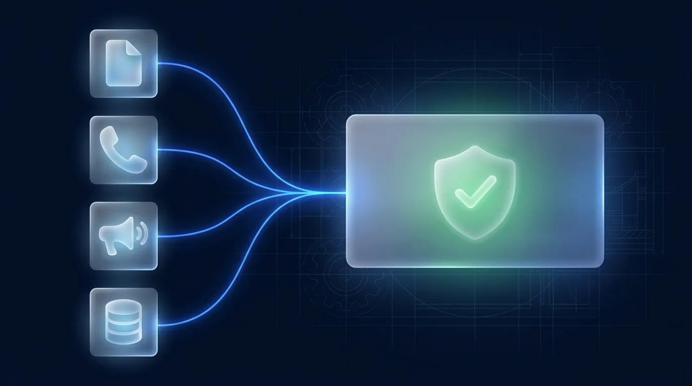Abstract illustration of four inbound lead sources flowing into one system marked with a shield