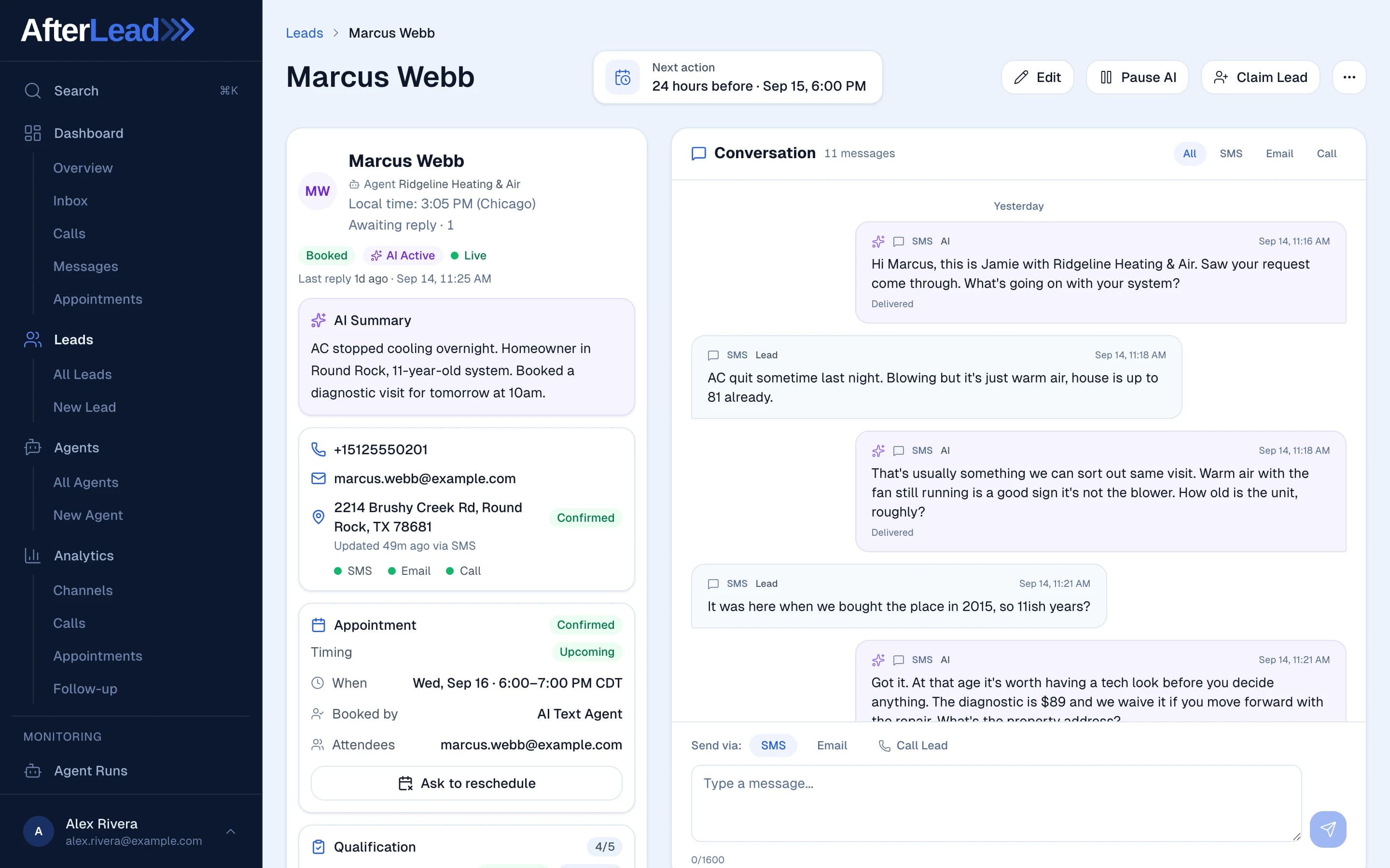 The confirmation message, the calendar invite, and the meeting instructions land the moment an appointment is booked: a lead record in AfterLead where the AI texts the booked time and address, then says the calendar invite is on its way to your email and someone 18 or older needs to be home, with the appointment marked Confirmed and the next action set to the 24 hours before reminder.