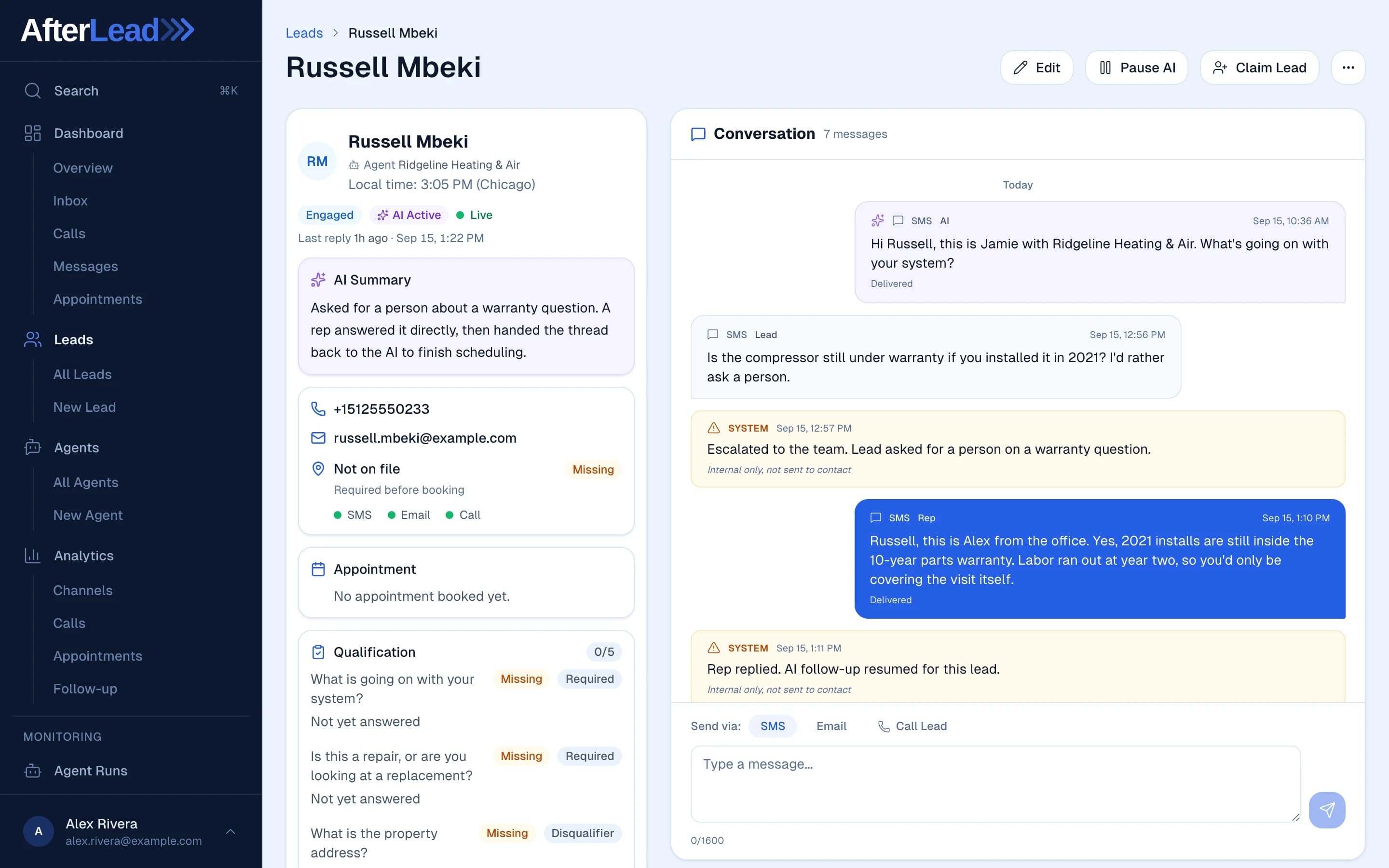 One reply, then the AI re-enters the booking dialog from where the conversation paused: a lead record in AfterLead where the lead asks for a person on a warranty question, a system note logs the escalation to the team, a rep answers once by text, a second system note reads Rep replied, AI follow-up resumed, and the AI then offers two appointment times.
