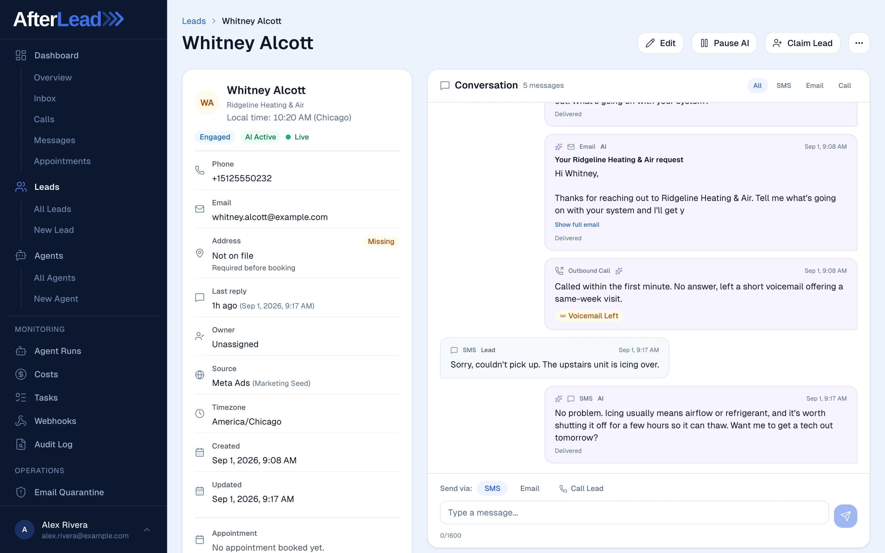 Three channels fire in parallel: one AfterLead lead record shows an email and an outbound call both logged at 9:08 AM, with a note that the lead was called within the first minute, and the lead's own text reply nine minutes later.