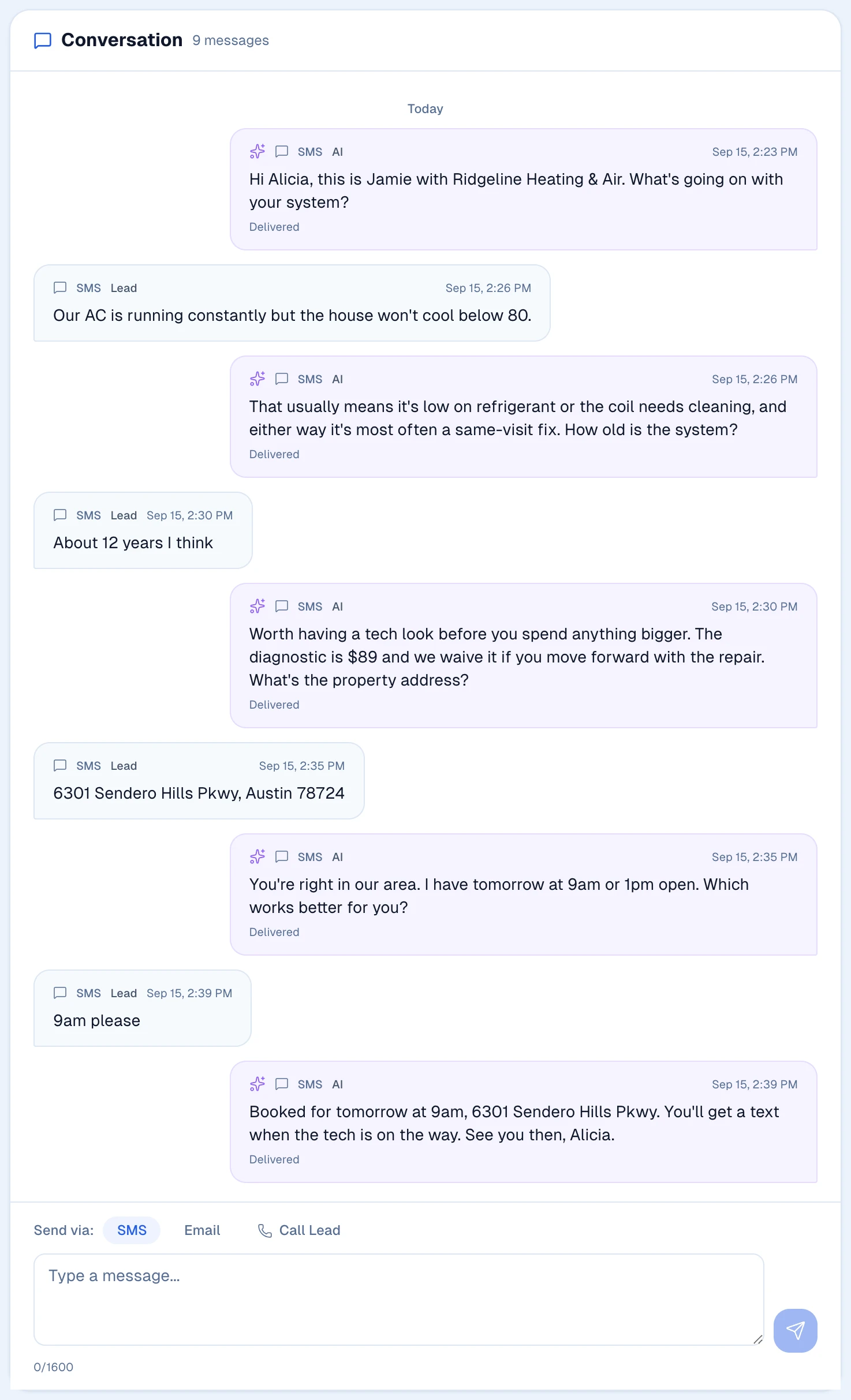 A text thread inside AfterLead where the homeowner says the AC runs constantly but the house will not cool below 80, the AI answers that it is usually low refrigerant or a dirty coil, asks how old the system is, hears about 12 years, takes the property address, confirms she is in the service area, offers 9am or 1pm, and books the 9am visit.
