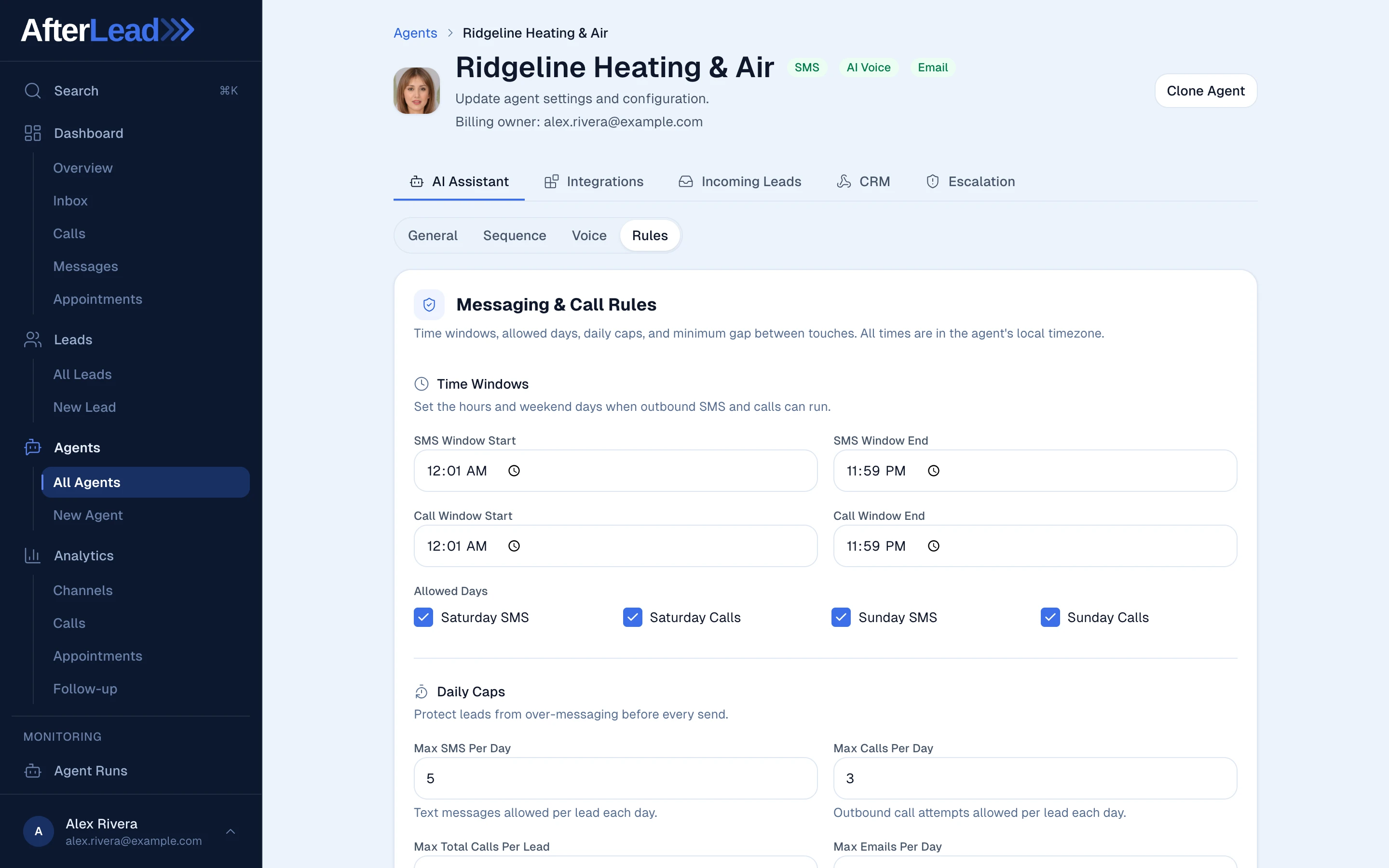 Follow-up runs on your rules: the agent's messaging and call rules in AfterLead, with SMS and calling time windows, checkboxes for Saturday and Sunday texts and calls, and daily caps on how many texts and calls one lead can get