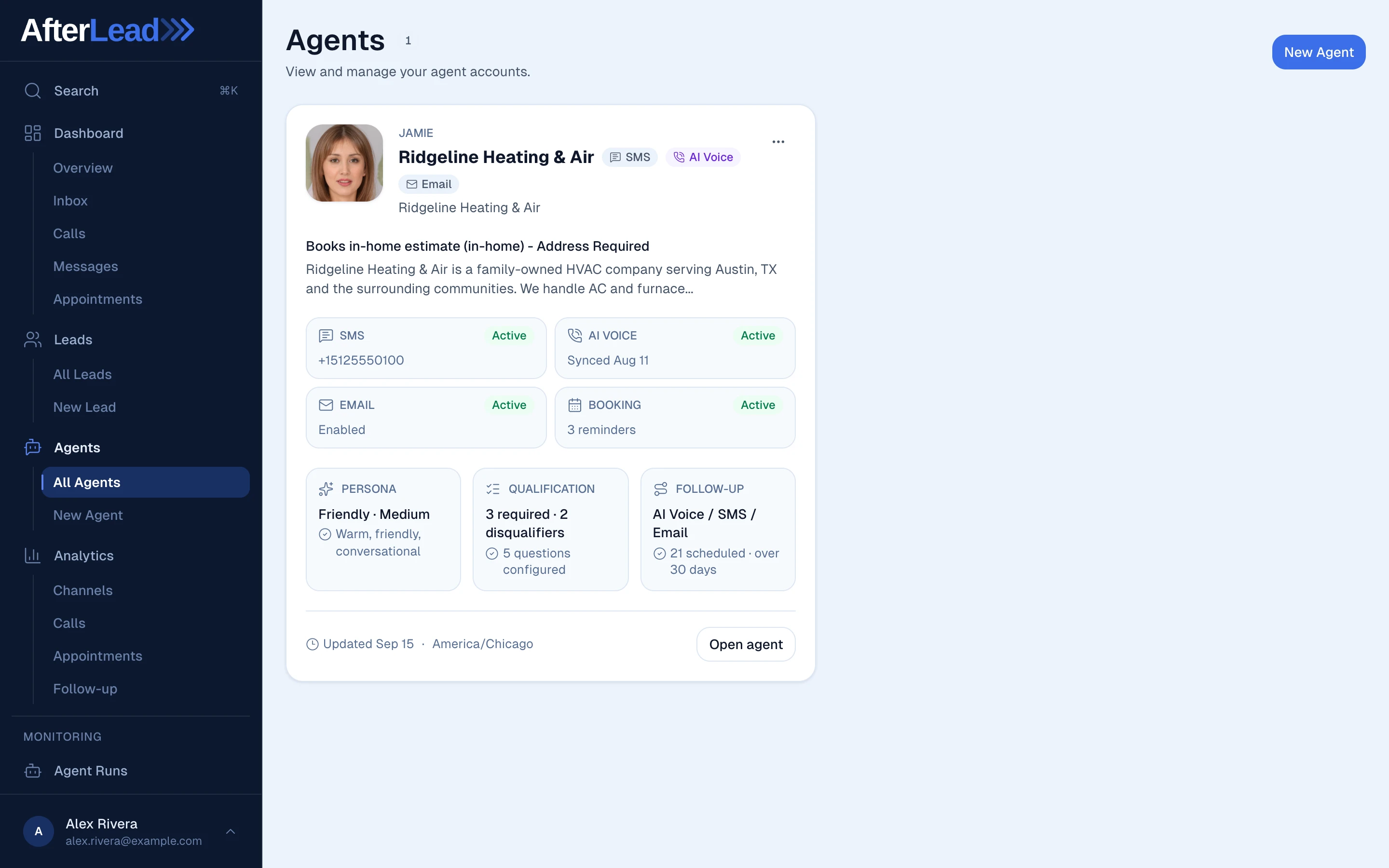 We build it, client by client: one client's agent account in AfterLead, with SMS, AI voice, email and booking all marked active, alongside the agent's persona, its qualification rules, and the follow-up sequence across voice, SMS and email.