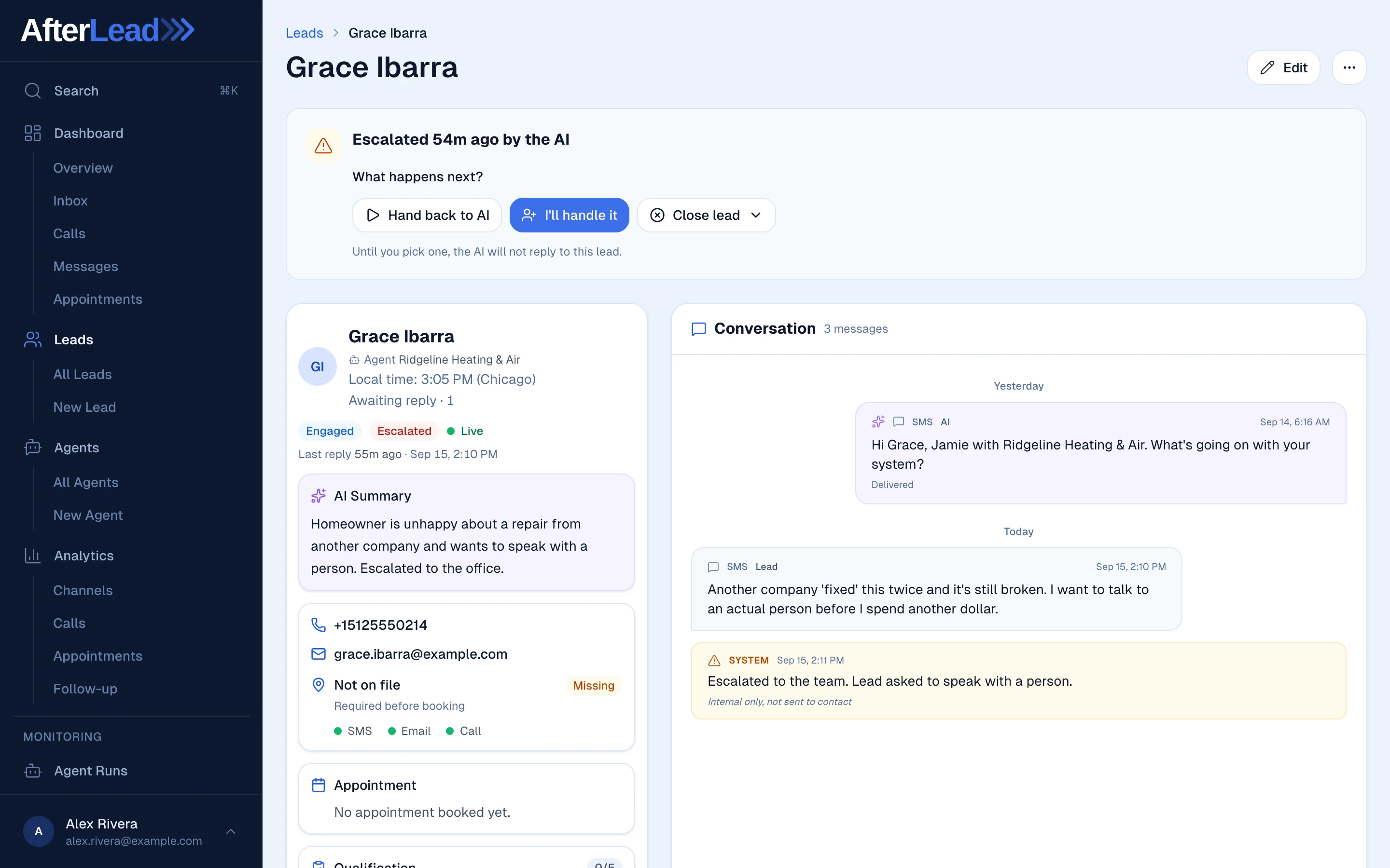 The AI pauses instead of talking over the lead: a lead record in AfterLead marked Escalated, where the lead says another company fixed it twice and they want to talk to an actual person before spending another dollar, a system note logs the escalation to the team, and the thread ends there with nothing sent afterwards while a Resume AI control waits in the page header.
