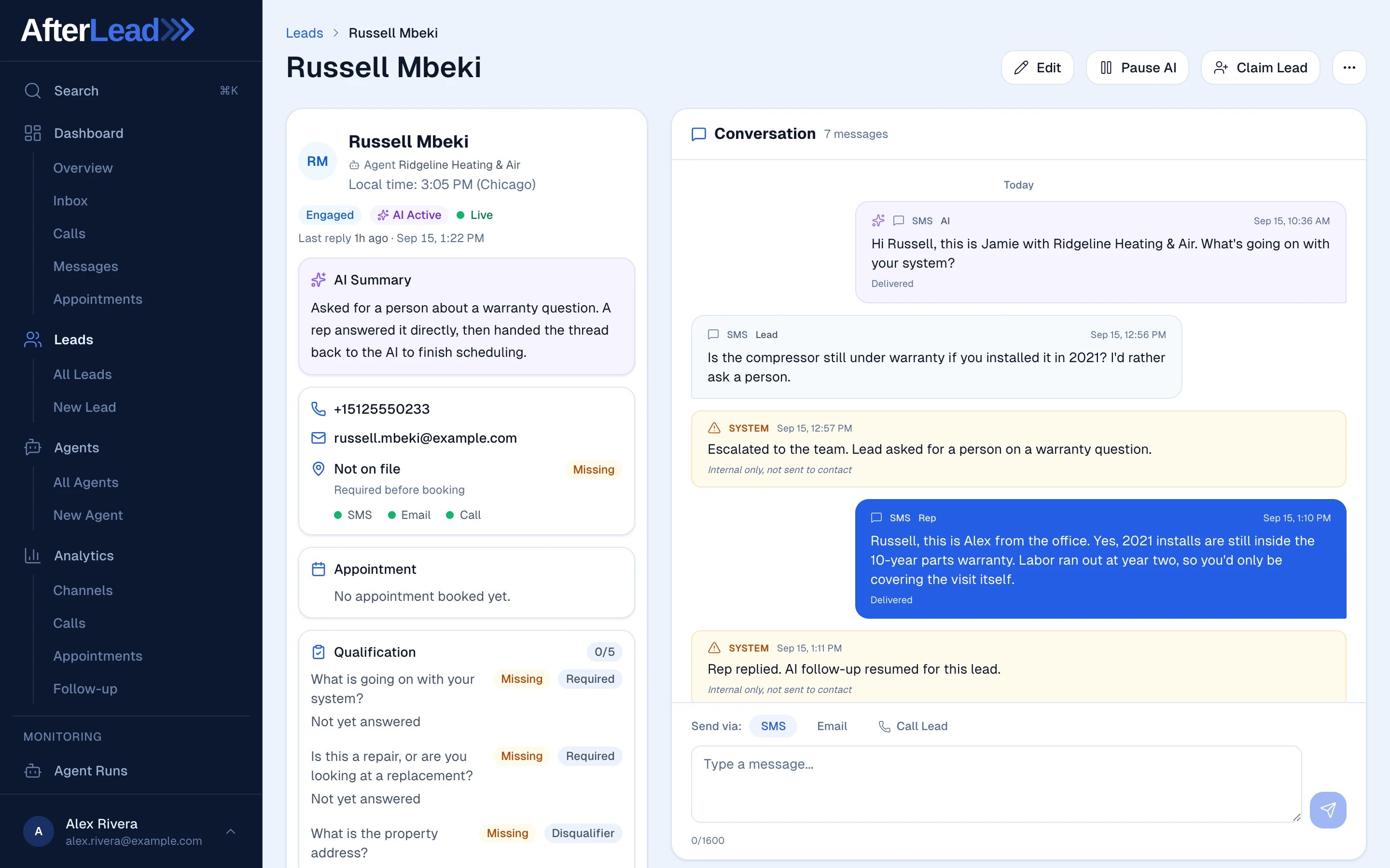 One reply, then the AI re-enters the booking dialog from where the conversation paused: a lead record in AfterLead where the lead asks for a person on a warranty question, a system note logs the escalation to the team, a rep answers once by text, a second system note reads Rep replied, AI follow-up resumed, and the AI then offers two appointment times.
