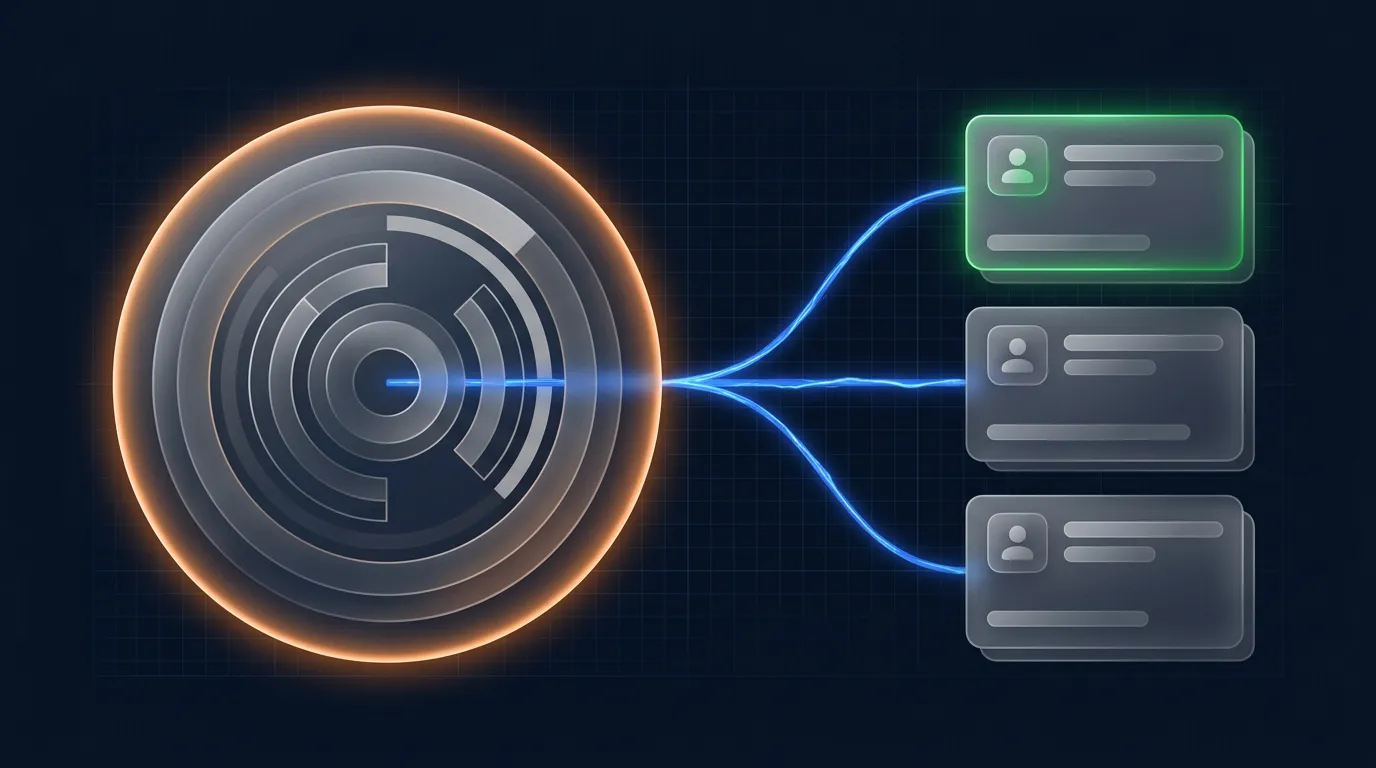 Abstract illustration of a scoring gauge connected to contact cards, one glowing green as booked