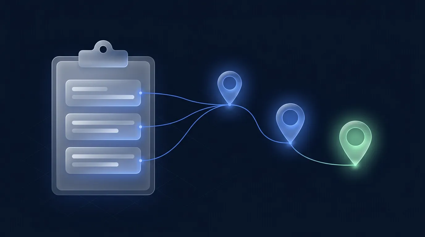 Abstract illustration of a job clipboard connecting through route pins to a booked green destination