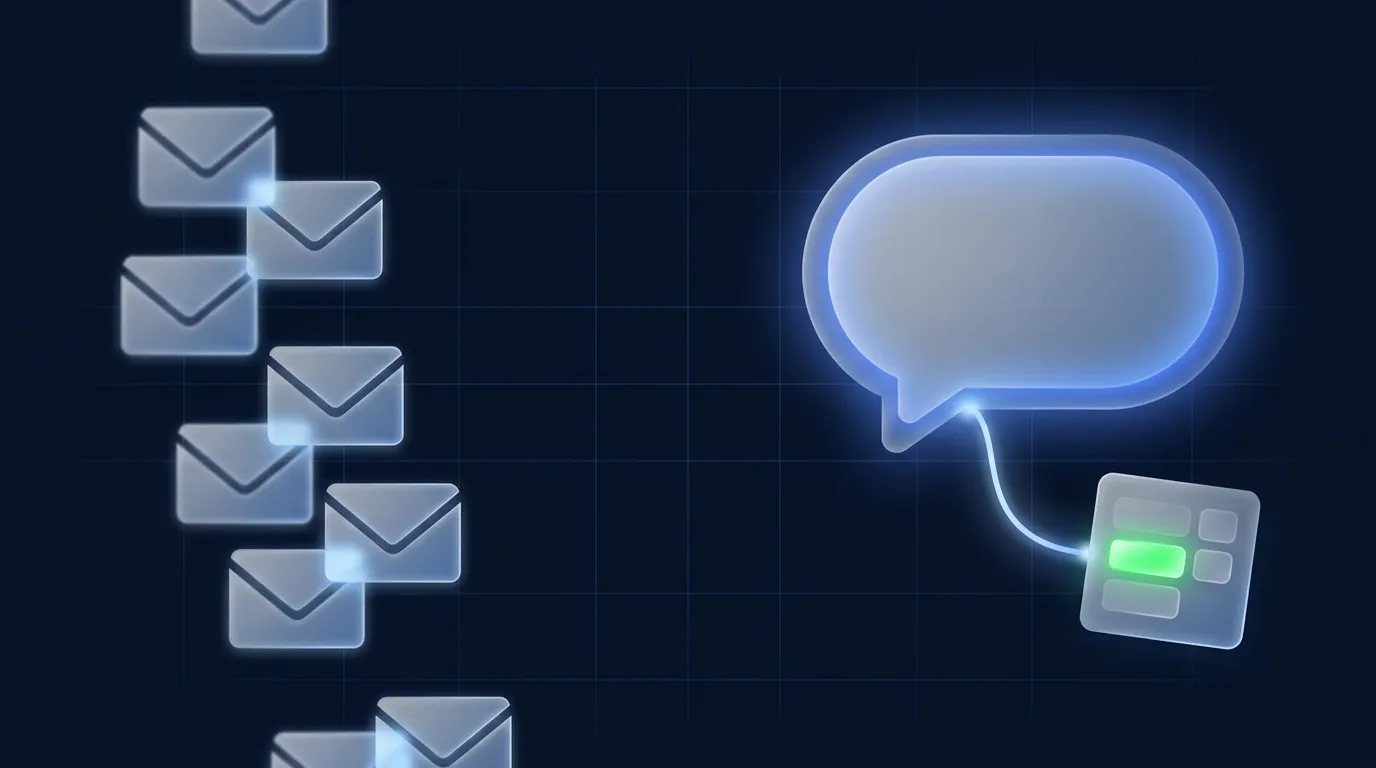 Abstract illustration contrasting a stream of one-way emails with a two-way conversation that books a calendar slot