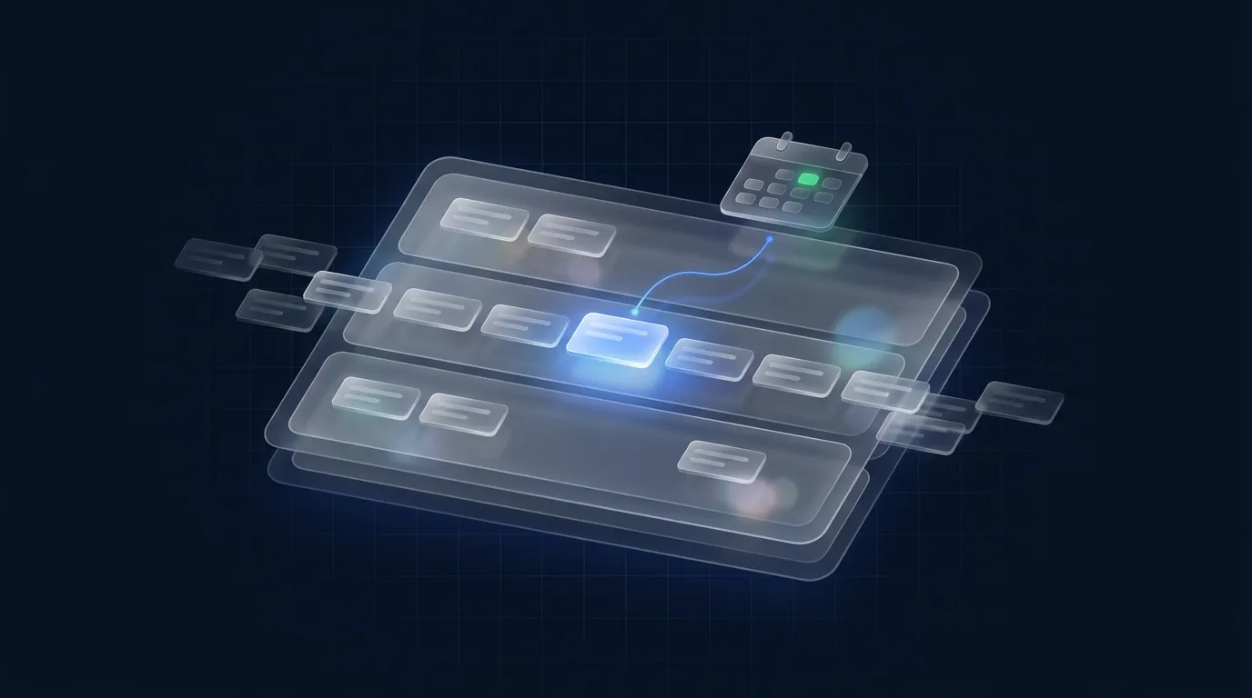 Abstract illustration of workflow lanes with one lead card branching up to a booked calendar slot