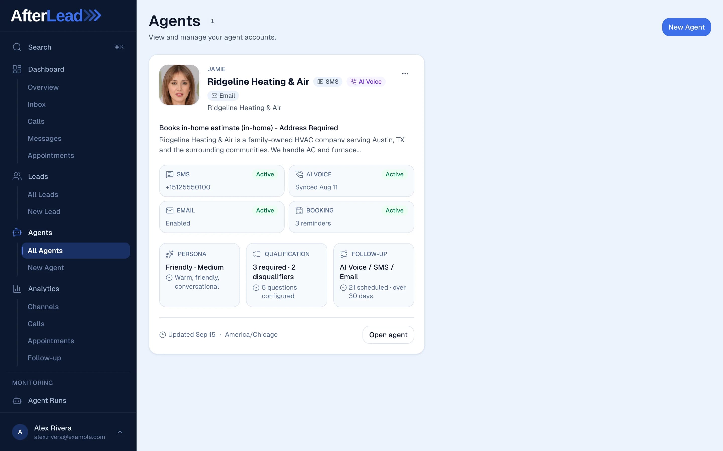We build it, client by client: one client's agent account in AfterLead, with SMS, AI voice, email and booking all marked active, alongside the agent's persona, its qualification rules, and the follow-up sequence across voice, SMS and email.