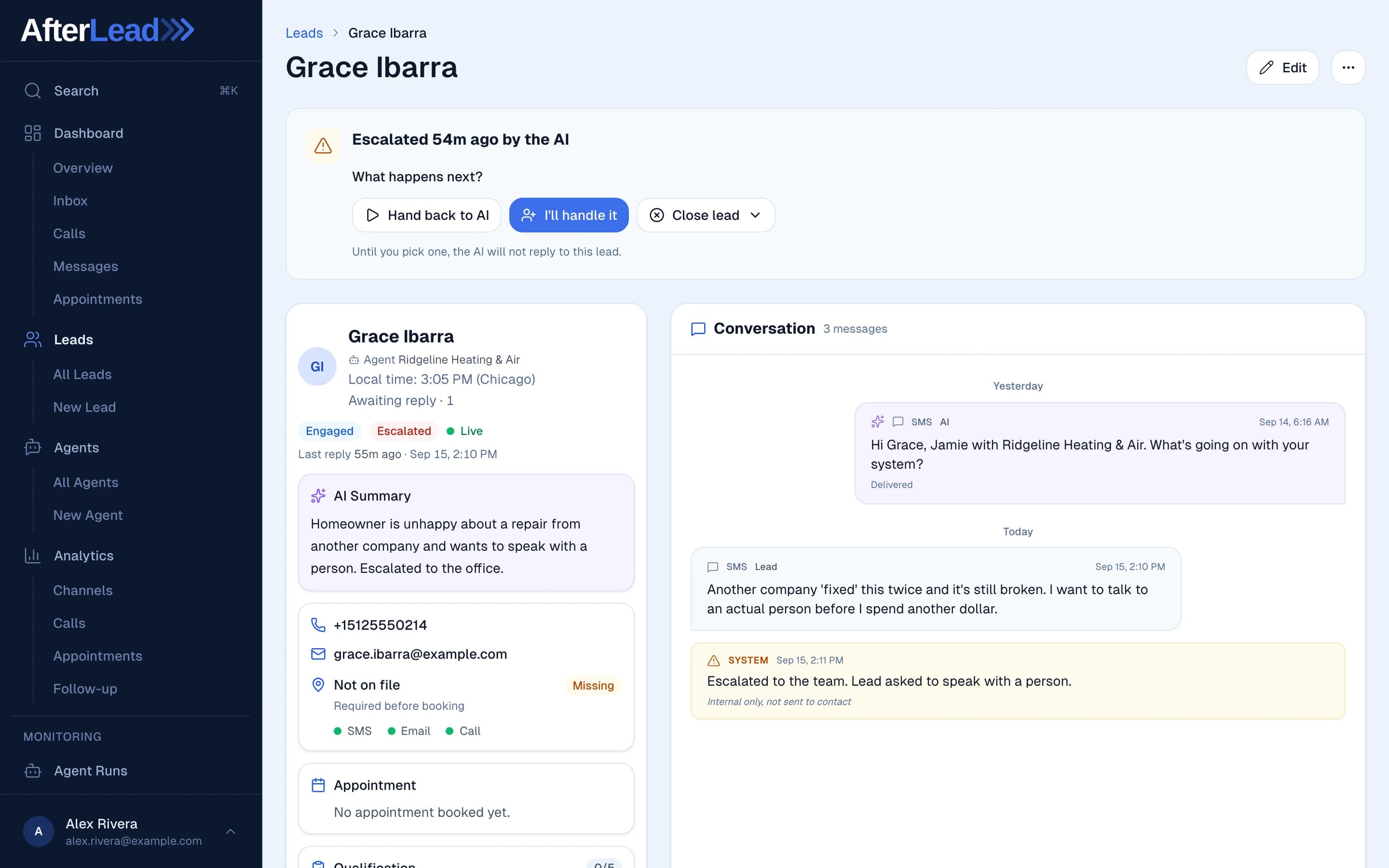 The AI pauses instead of talking over the lead: a lead record in AfterLead marked Escalated, where the lead says another company fixed it twice and they want to talk to an actual person before spending another dollar, a system note logs the escalation to the team, and the thread ends there with nothing sent afterwards while a Resume AI control waits in the page header.
